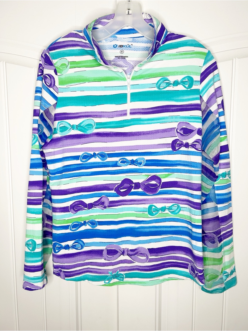 IBKUL Long Sleeve Mock Neck Top Women’s Medium Stripes Bows Blue Purple Green